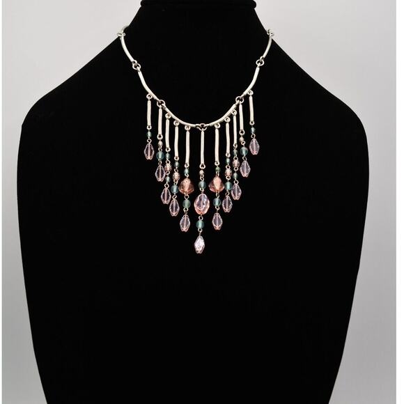 Givenchy Vintage Beaded Fringe Collar Necklace Brushed Silver NOS Signed Bin4A - Picture 1 of 12